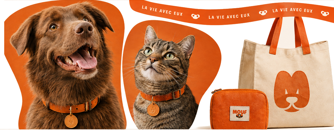 Un chien et un chat portant des colliers MOUF, un tote bag et une pochette MOUF
