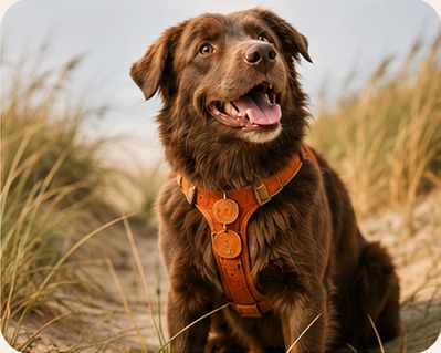 Un chien brun avec un harnais orange dans les dunes