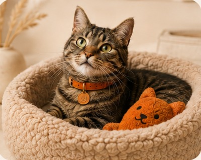 Un chat tigré dans un panier beige avec une peluche orange