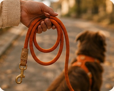 Une main tenant une laisse orange devant un chien