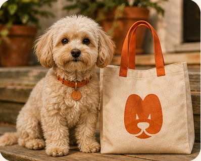 Un petit chien blanc à côté d’un tote bag MOUF