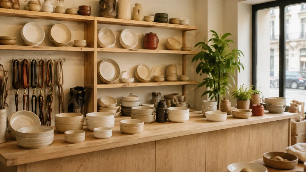 Comptoir en bois et étagères de céramiques dans une boutique lumineuse.