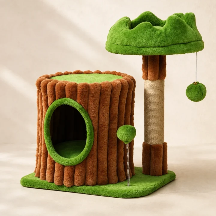 Cabane arbre Forêt enchantée sur fond crème, photographie de présentation Museau Club