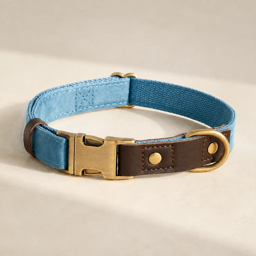 Collier boucle laiton Alba sur fond crème, photographie de présentation Museau Club