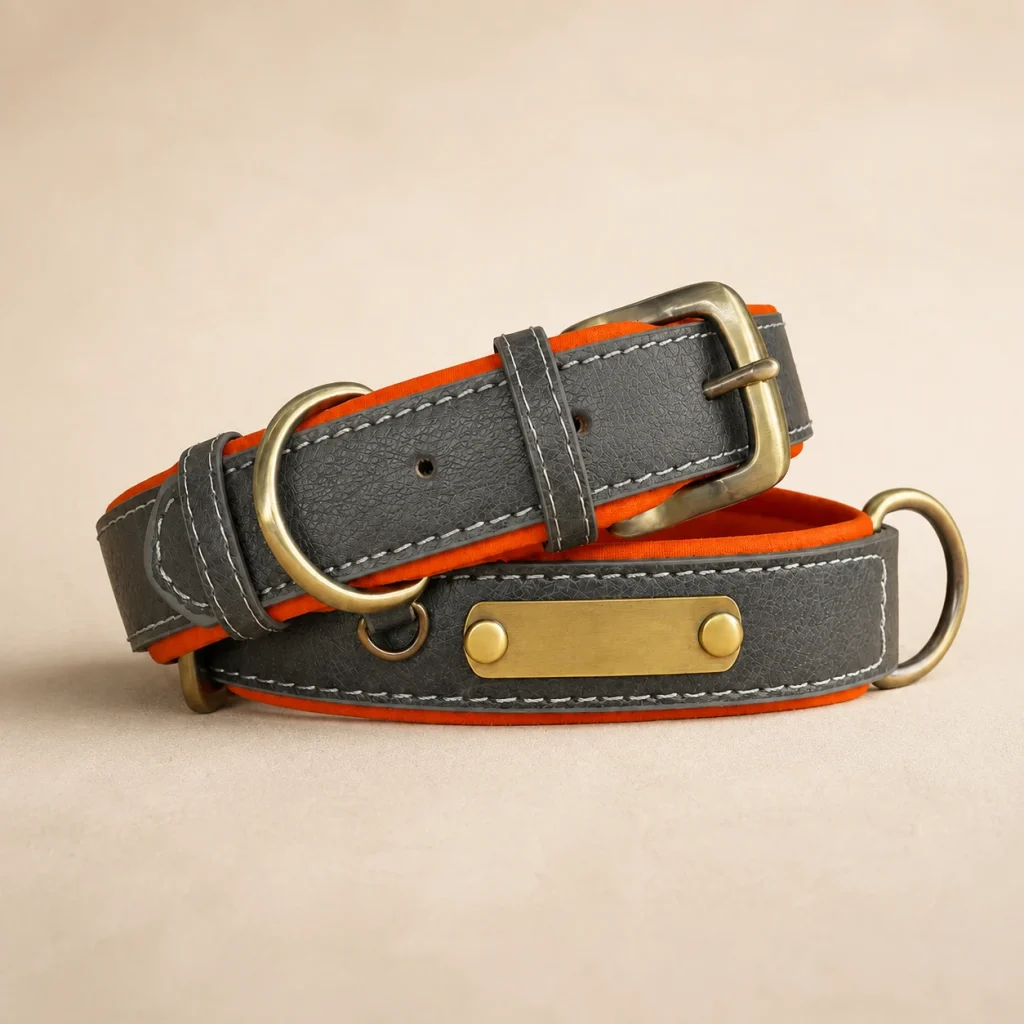 Collier en cuir Sienne sur fond crème, photographie de présentation Museau Club