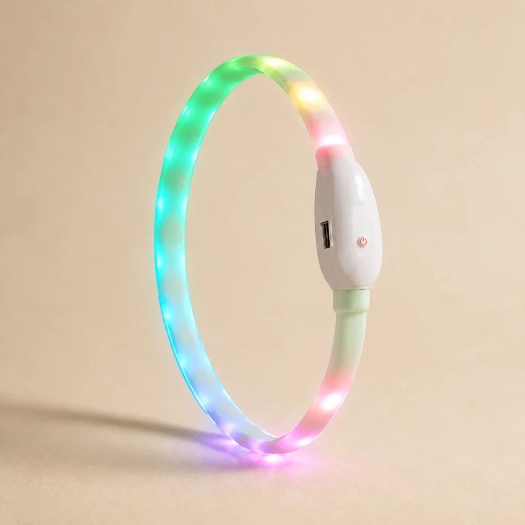 Collier LED Boréal sur fond crème, photographie de présentation Museau Club