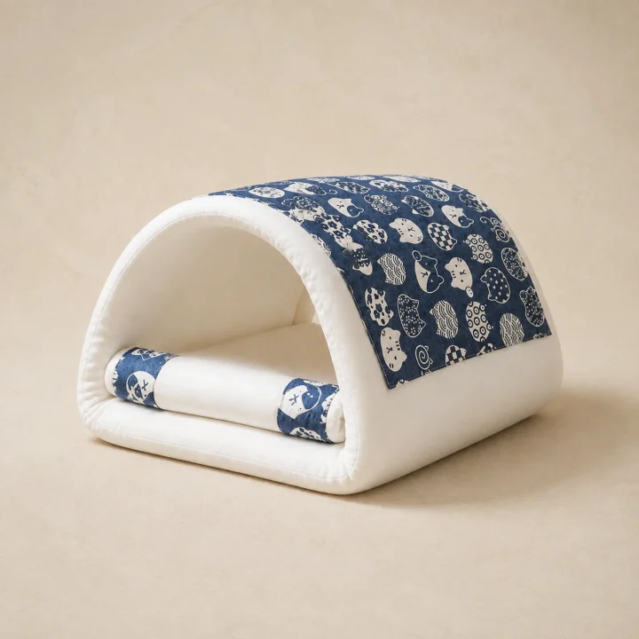 Coussin nomade Mistral sur fond crème, photographie de présentation Museau Club