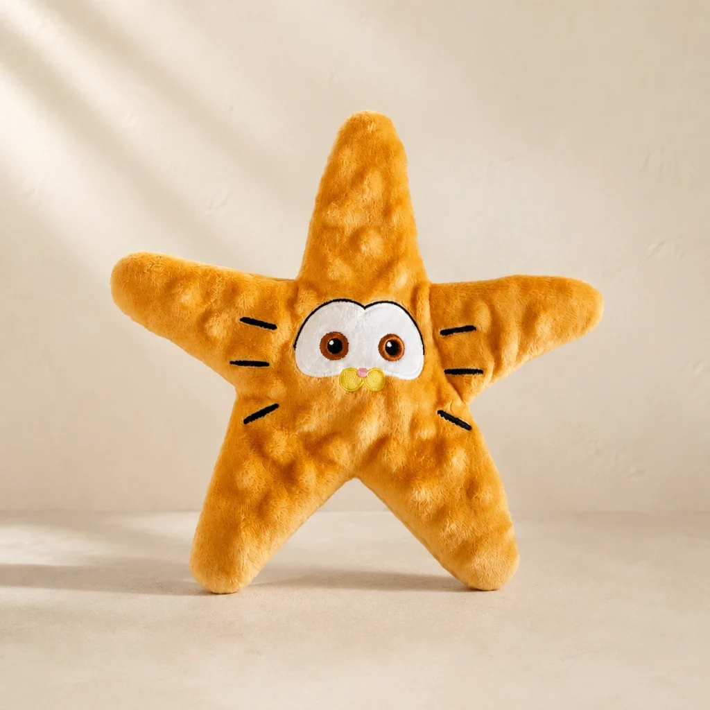Étoile peluche Corail sur fond crème, photographie de présentation Museau Club