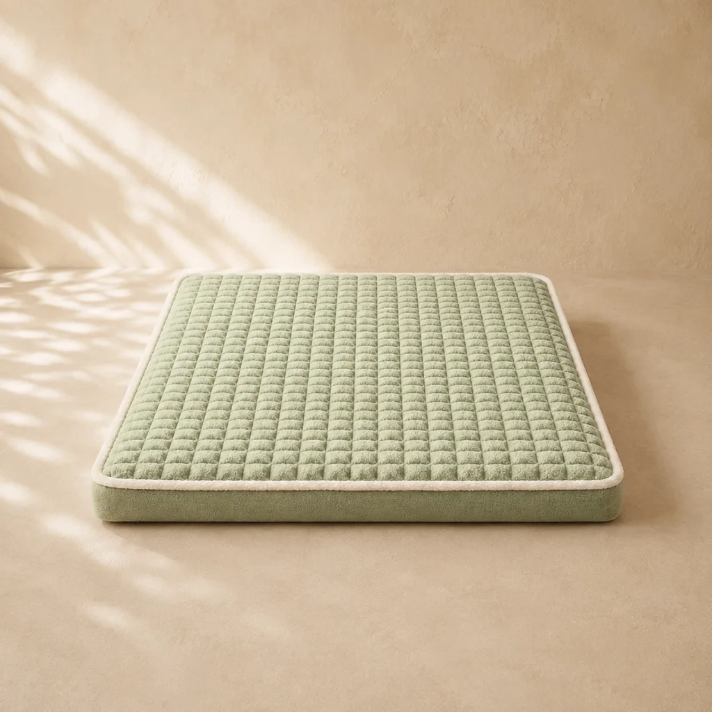 Matelas lavable Saulaie sur fond crème, photographie de présentation Museau Club