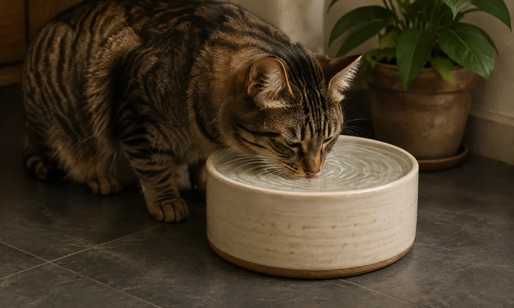 Chat tigré buvant à une fontaine en céramique ivoire.