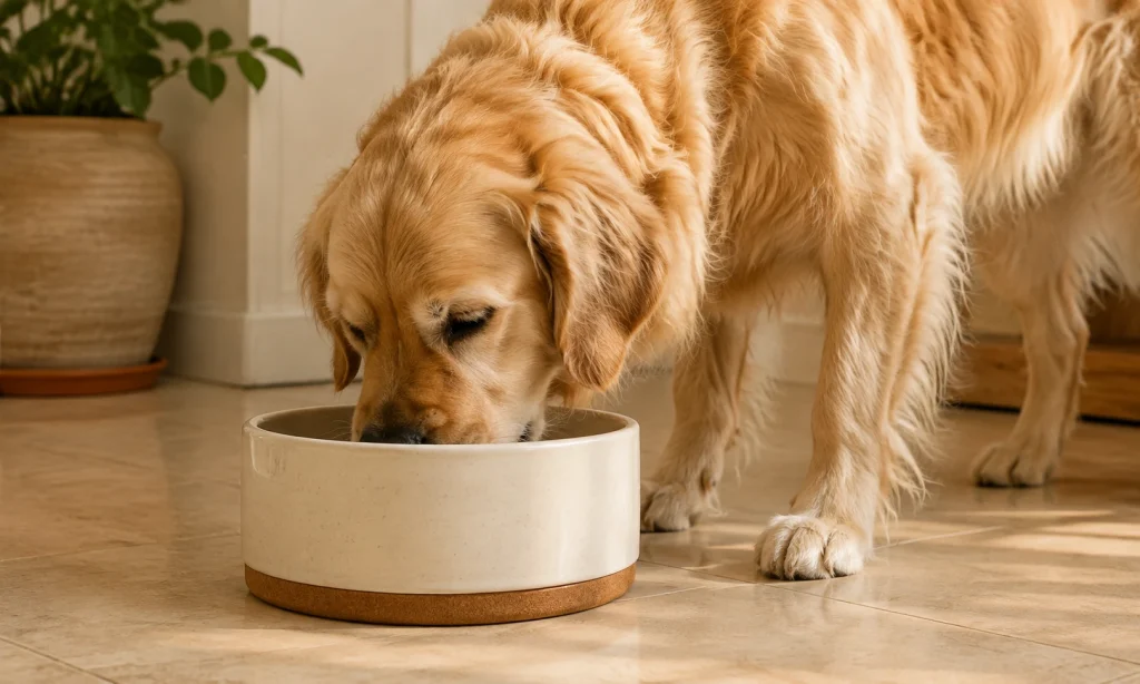 Golden retriever devant une gamelle en céramique ivoire.
