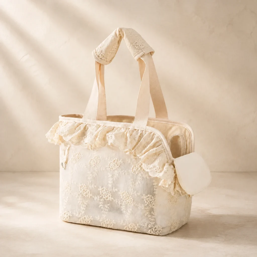 Sac dentelle Opale sur fond crème, photographie de présentation Museau Club