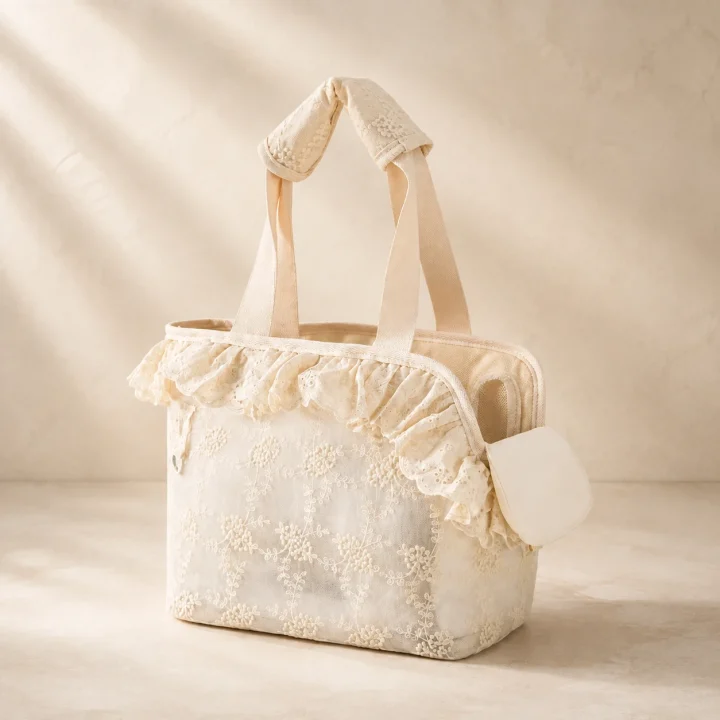 Sac dentelle Opale sur fond crème, photographie de présentation Museau Club