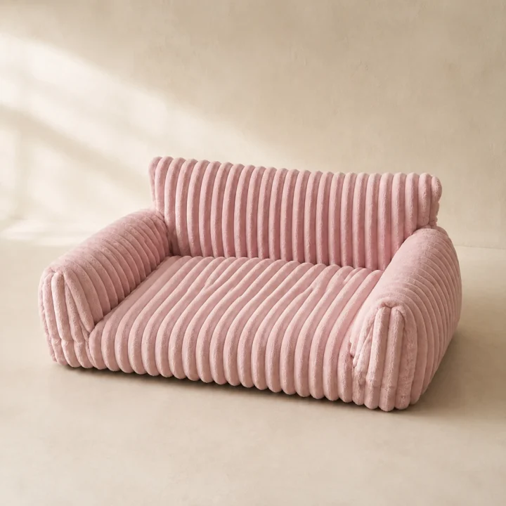 Sofa côtelé Calanque sur fond crème, photographie de présentation Museau Club