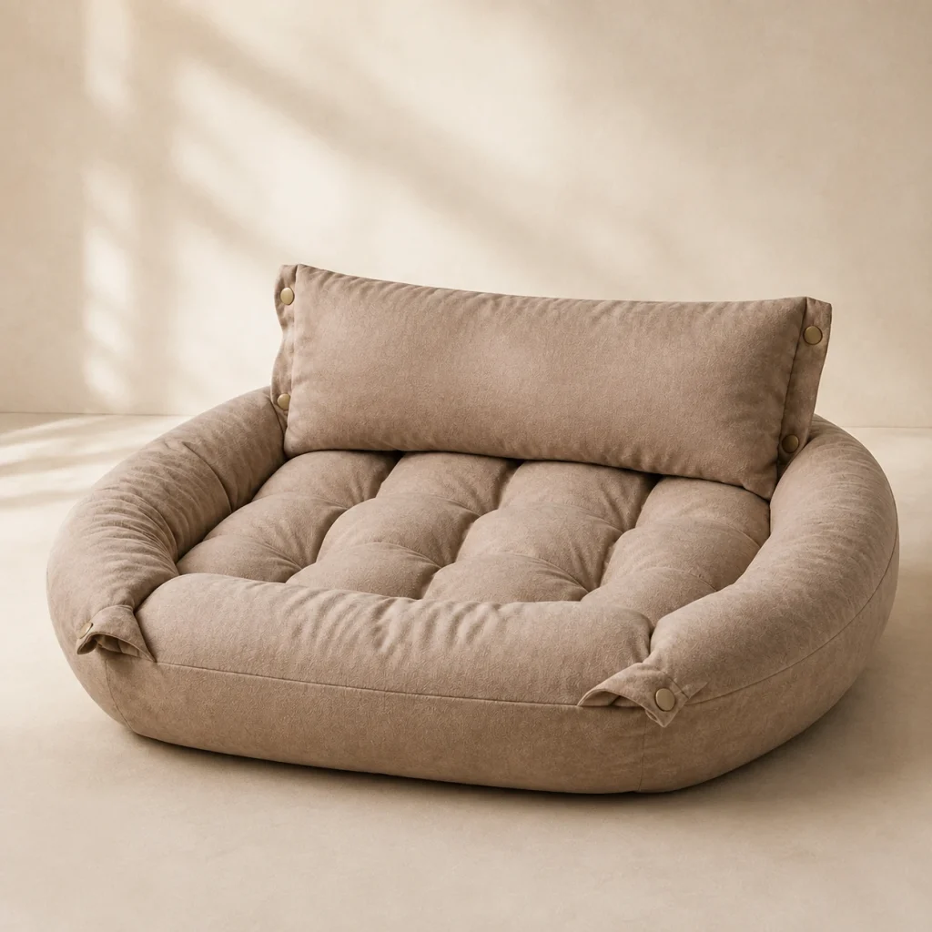 Sofa matelassé Lande sur fond crème, photographie de présentation Museau Club