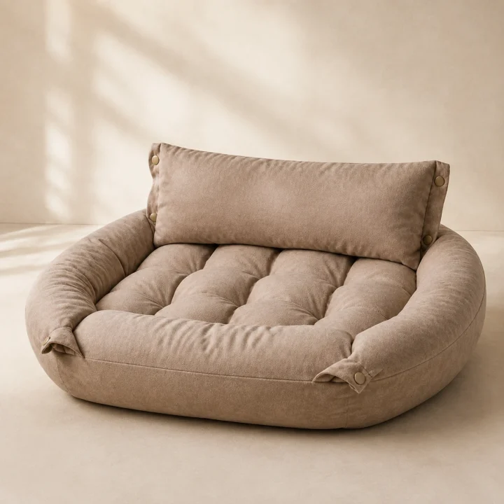 Sofa matelassé Lande sur fond crème, photographie de présentation Museau Club