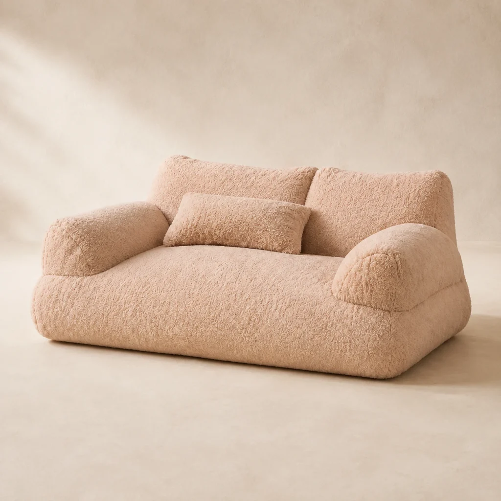 Sofa moelleux Noma sur fond crème, photographie de présentation Museau Club