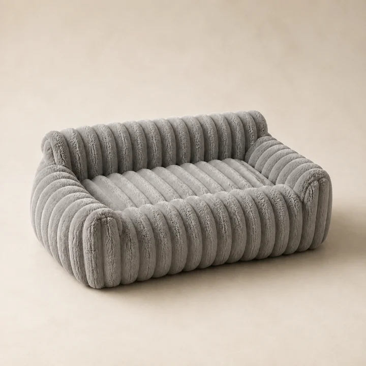 Sofa velours Céleste sur fond crème, photographie de présentation Museau Club