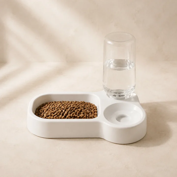Station eau et repas Source sur fond crème, photographie de présentation Museau Club