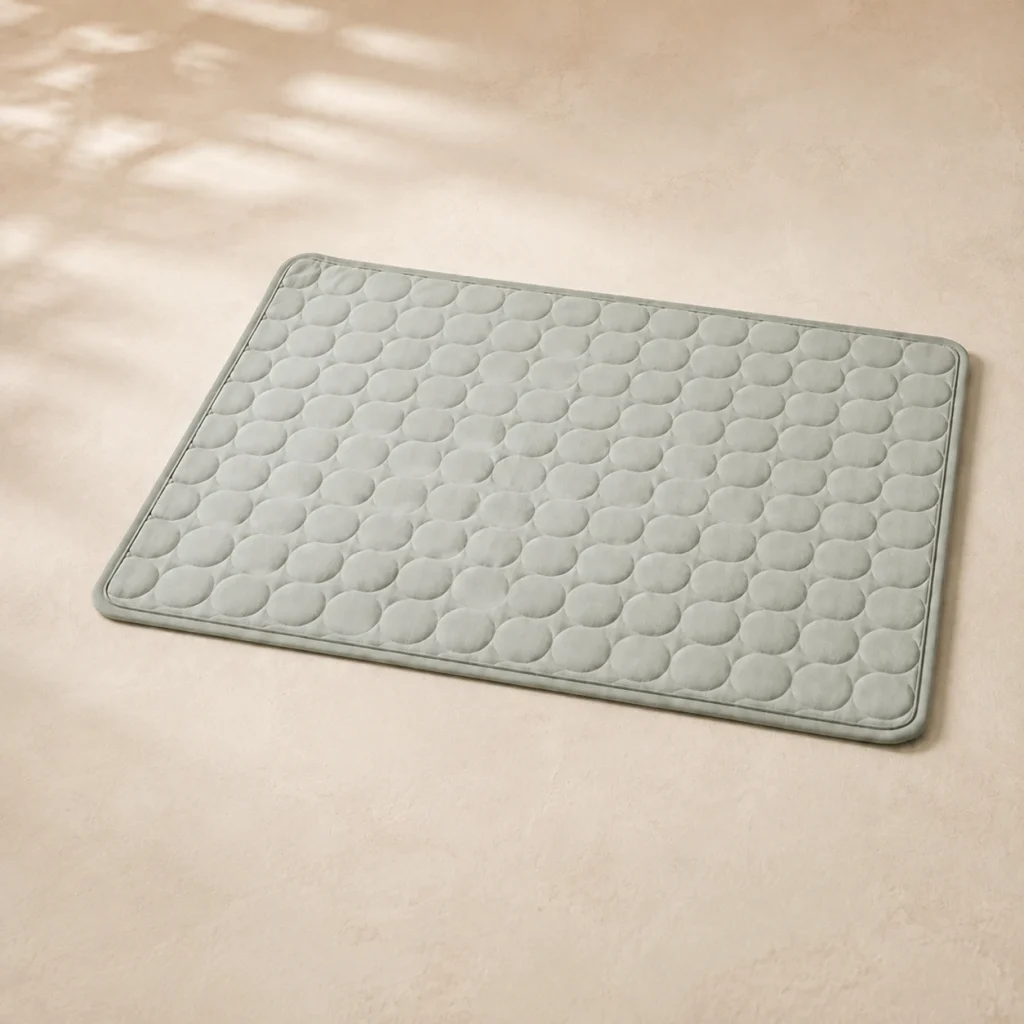 Tapis frais Azur sur fond crème, photographie de présentation Museau Club